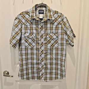 Wrangler Pearl Snap Western Shirt Mens L Blue White Yellow Plaid Short Sleeve